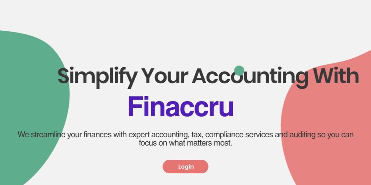 The Finaccru site: the headline “Simplify Your Accounting With Finaccru” between two large green and red shapes.