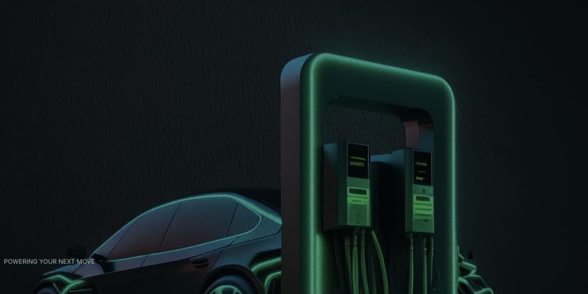 The X-EV site: a charging station lit in green beside an electric car, over the line “Powering your next move”.
